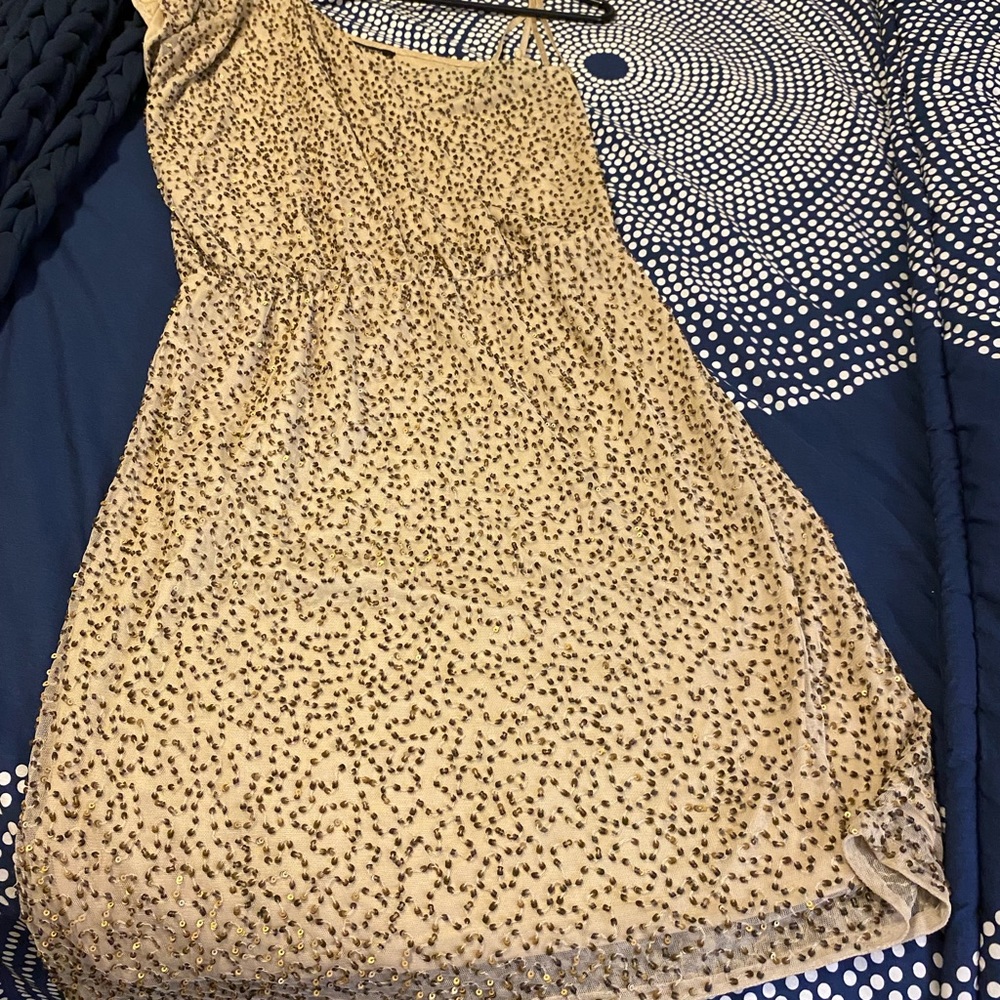 Adrianna Papell one shoulder gold sequin knee length dress size 10